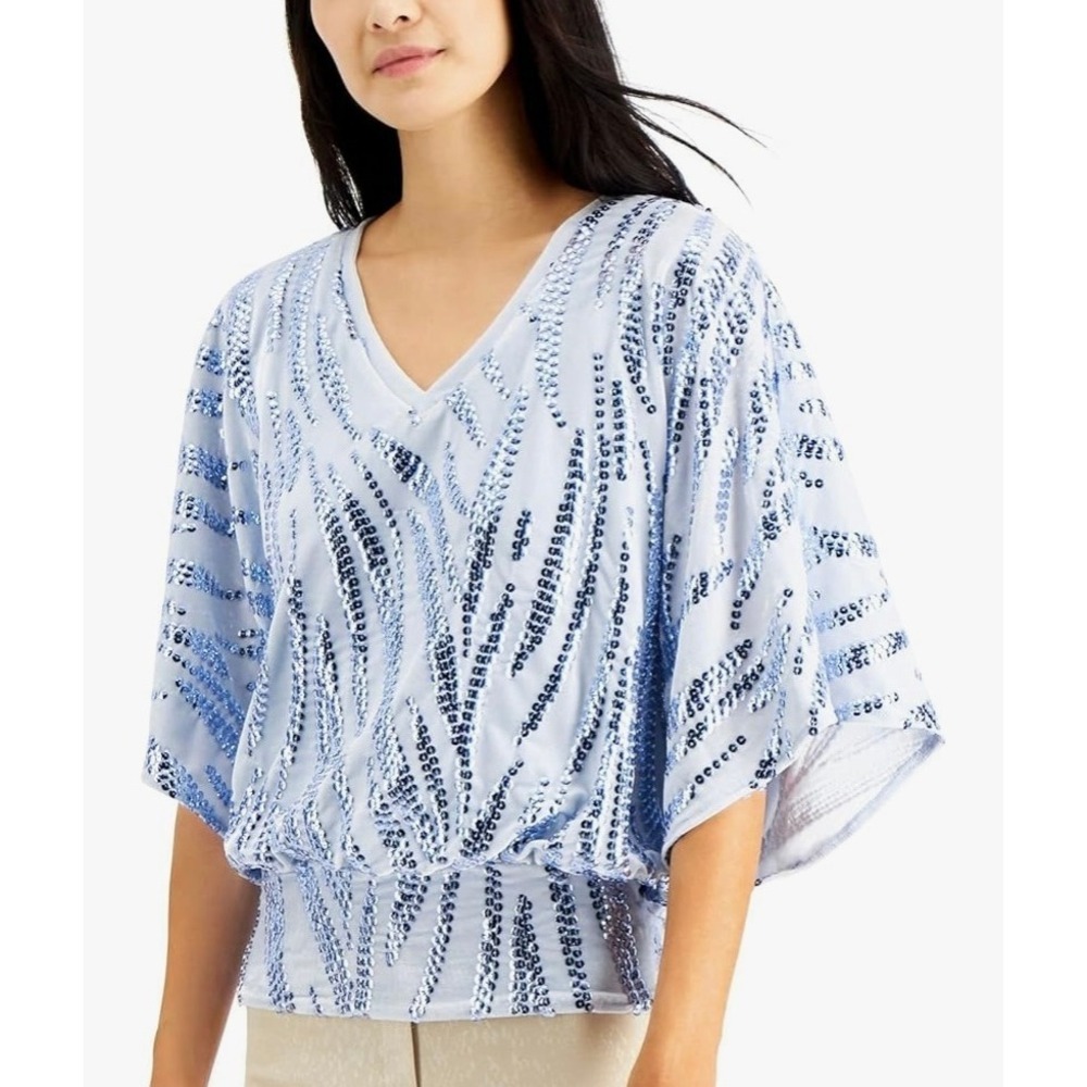 Alfani Light Blue Velvet Sequin V Neck Dolman Sleeve Top Womens Small